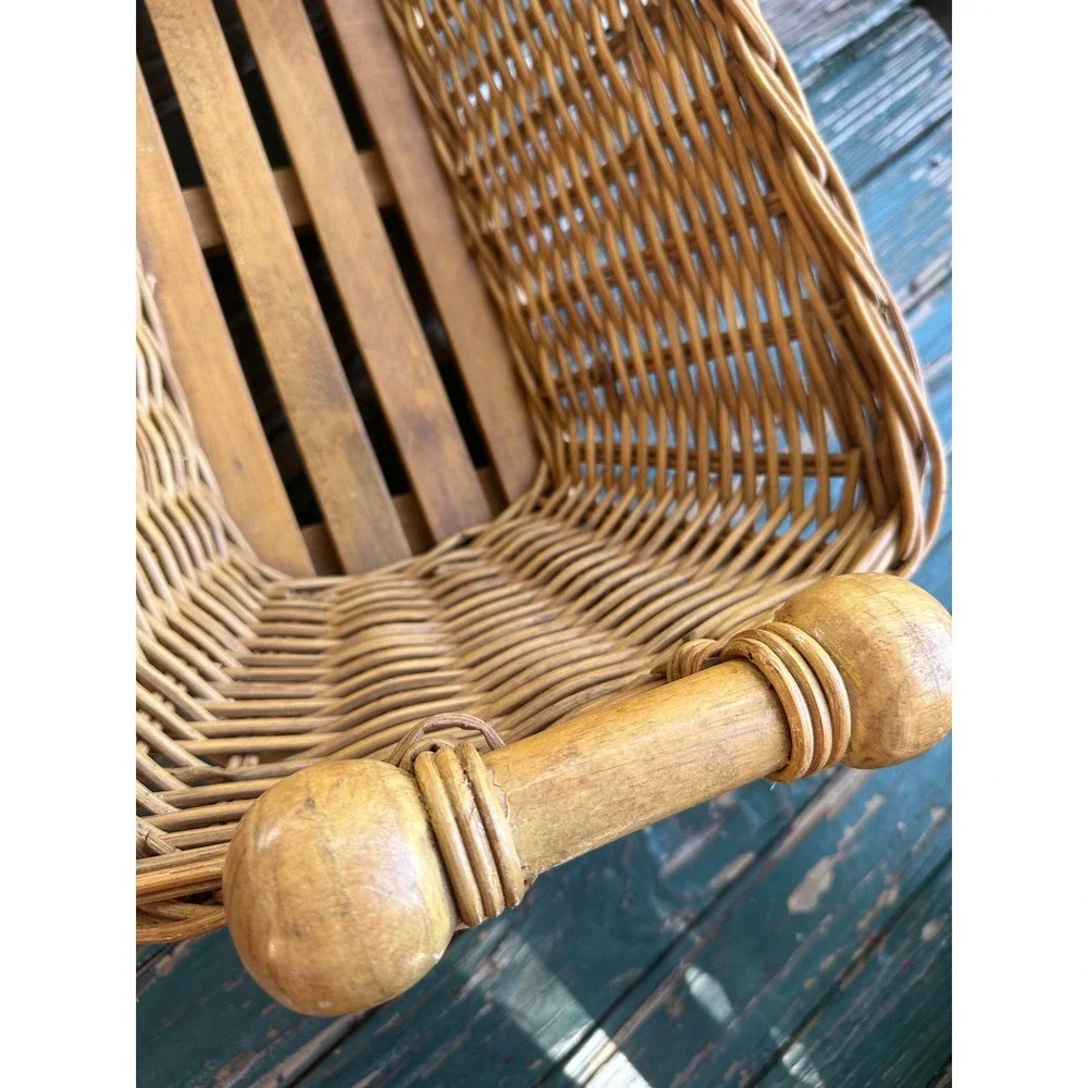 Vintage Wicker Storage Basket Wood Slat Bottom Chunky Handles Indonesia 18x11x7